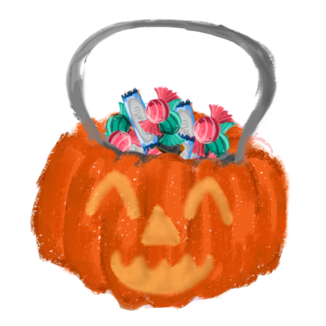  a festive Halloween-themed pumpkin bucket filled with candy. The pumpkin has a carved jack-o'-lantern face, featuring closed, happy eyes and a broad, cheerful grin. The bucket’s handle is gray, contrasting with the bright orange pumpkin. Inside, various wrapped candies in green, pink, and white are visible.